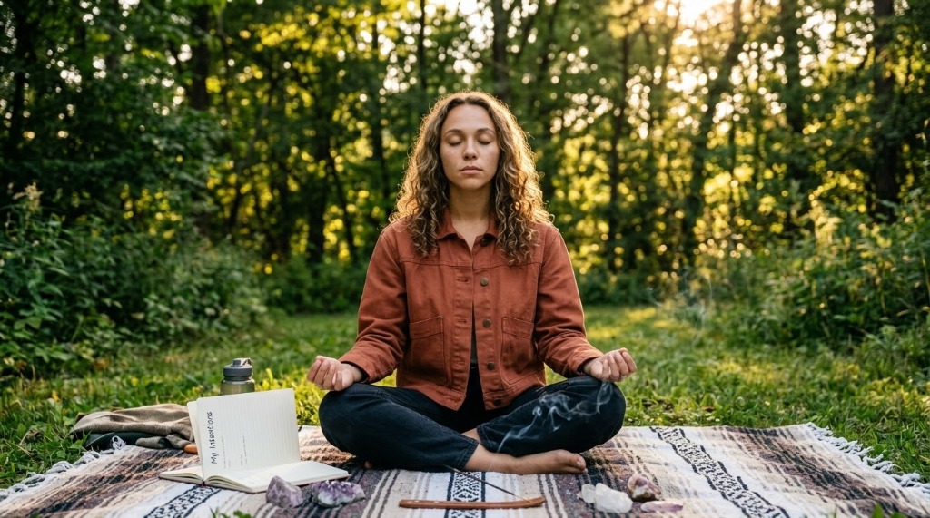 Nasha meditating peacefully in nature, wellness and manifestation guide